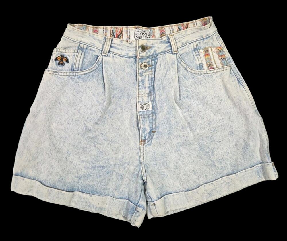 Vtg Kyoto Acid Washed Denim Shorts Jorts Southwestern Pleated Cuffed Size 9/10